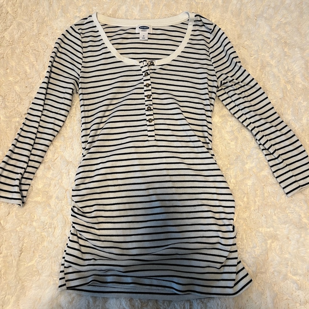 Quarter Sleeve Button Up Maternity Top Black & White Stripe XS